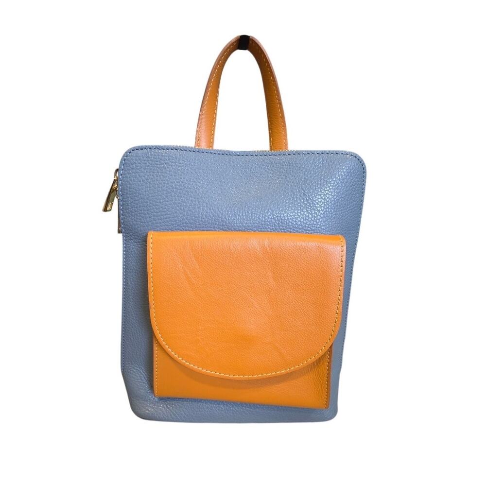 Divina Firenze Italian Leather Convertible Backpack Purse Blue Tan Shoulder Bag